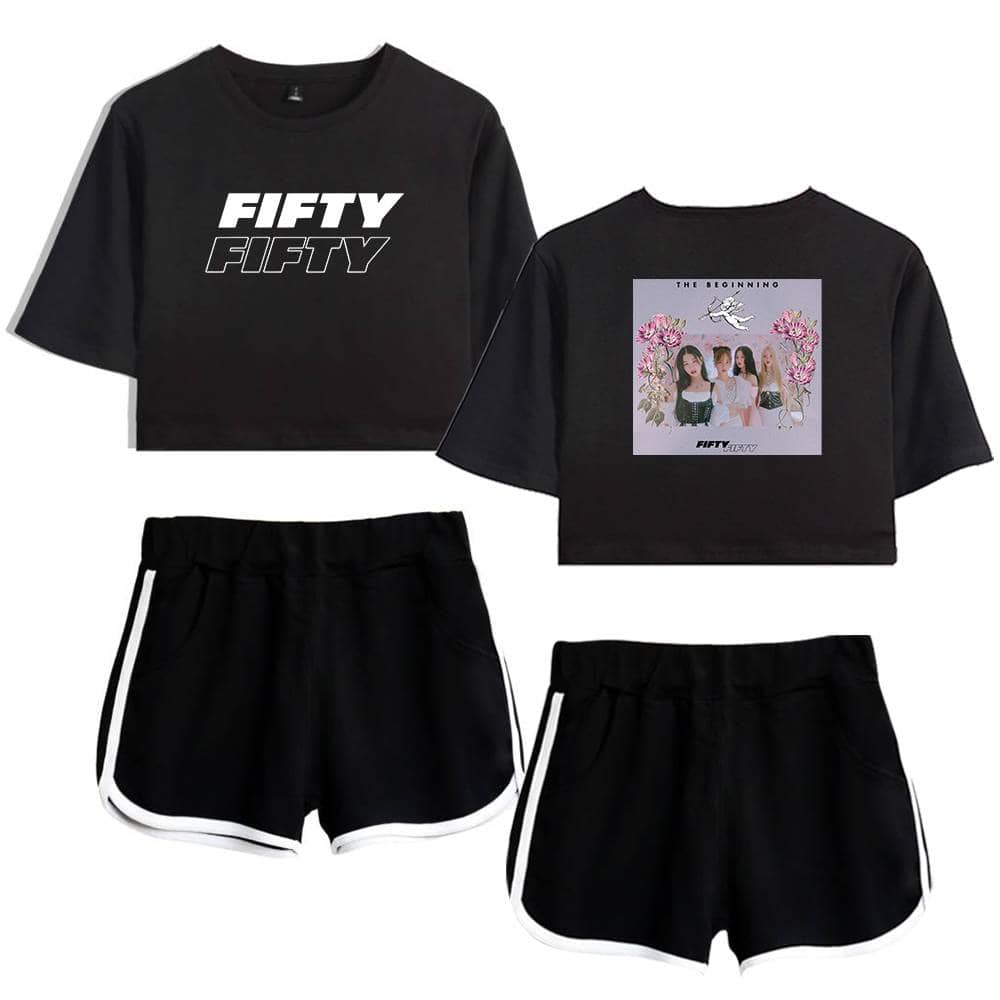 Fifty Fifty graphic t-shirt and photo print cropped top paired with black athletic shorts with white trim, stylish and casual merchandise set.