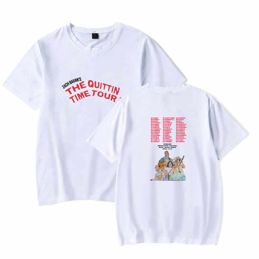 Zach Bavan's The Quittin Time Tour white graphic T-shirt with concert details and artwork.