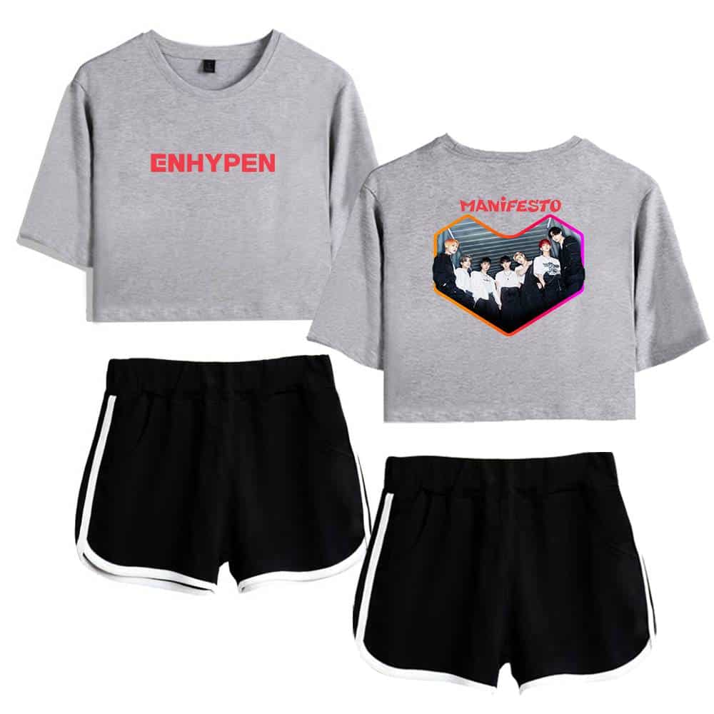 ENHYPEN merchandise set with graphic cropped t-shirts and matching shorts, perfect for fans and casual outfits.