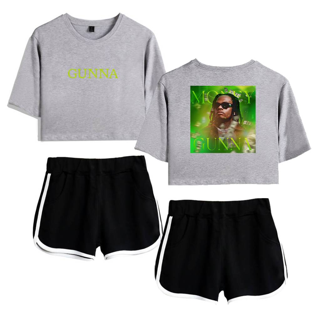 GUNNA sweatshirt with bold neon text and a graphic print on the back, paired with sporty black shorts with white piping. Trendy streetwear style inspired by hip-hop culture.