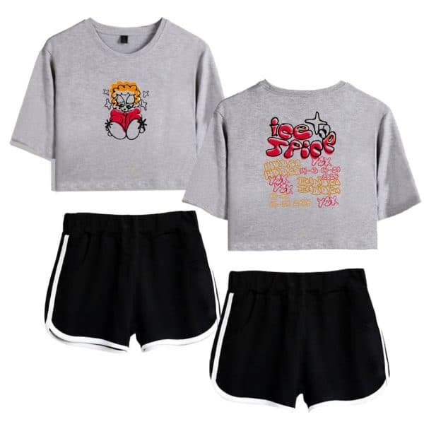 Hipster graphic t-shirt set, casual matching shorts for women, streetwear style, cotton fabric, trendy and comfortable matching outfit for everyday wear, featuring colorful graphic prints.