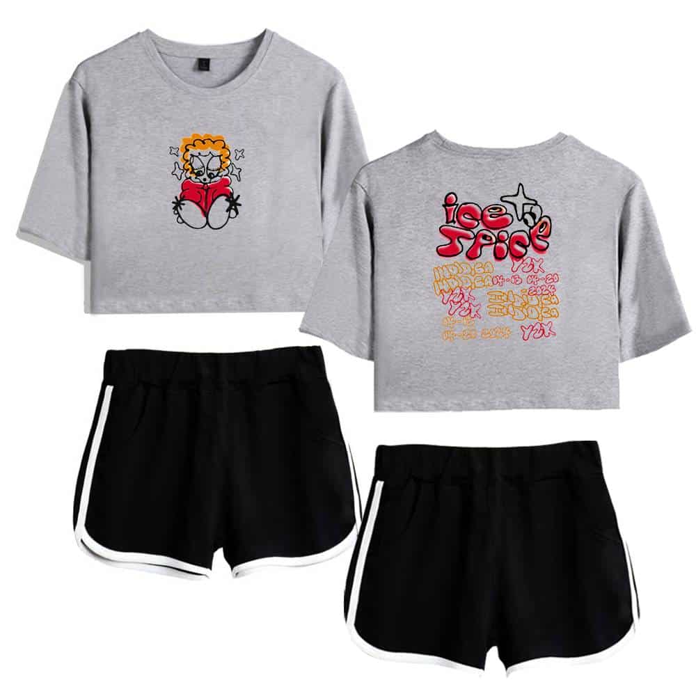 Hipster graphic t-shirt set, casual matching shorts for women, streetwear style, cotton fabric, trendy and comfortable matching outfit for everyday wear, featuring colorful graphic prints.