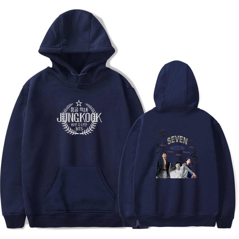 Jungkook BTS navy blue hoodie with front and back graphic designs, perfect for K-pop fans and casual wear.
