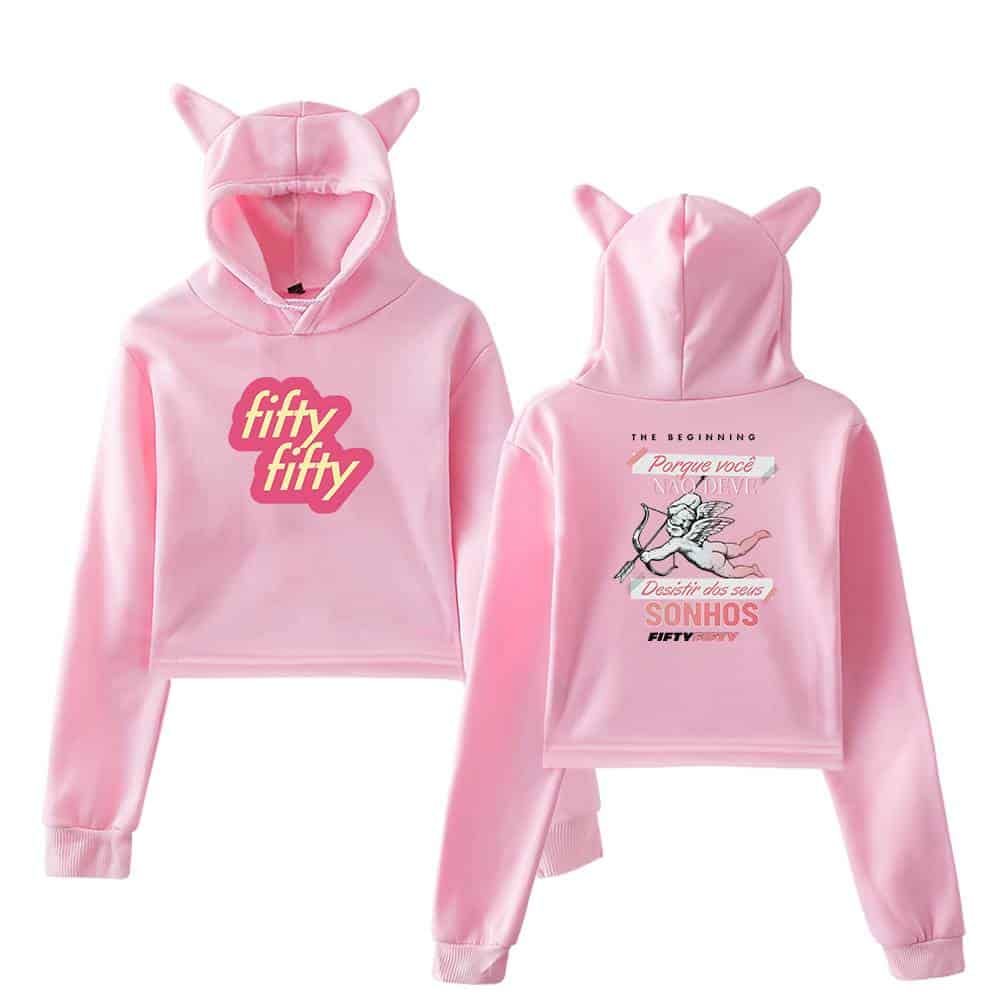 Fifty fifty pink hoodie with cat ears, youth sweatshirt, cute feline design, trendy streetwear, casual fall fashion, cozy oversized top, unique graphic print, stylish hoodie for teens and young adults.