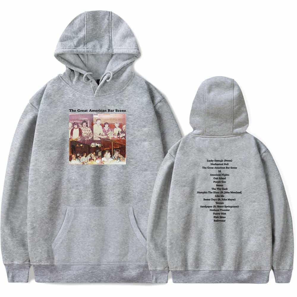 Vintage gray hoodie featuring iconic American bar scene graphic on the front and band playlist on the back, perfect for music lovers and casual wear.