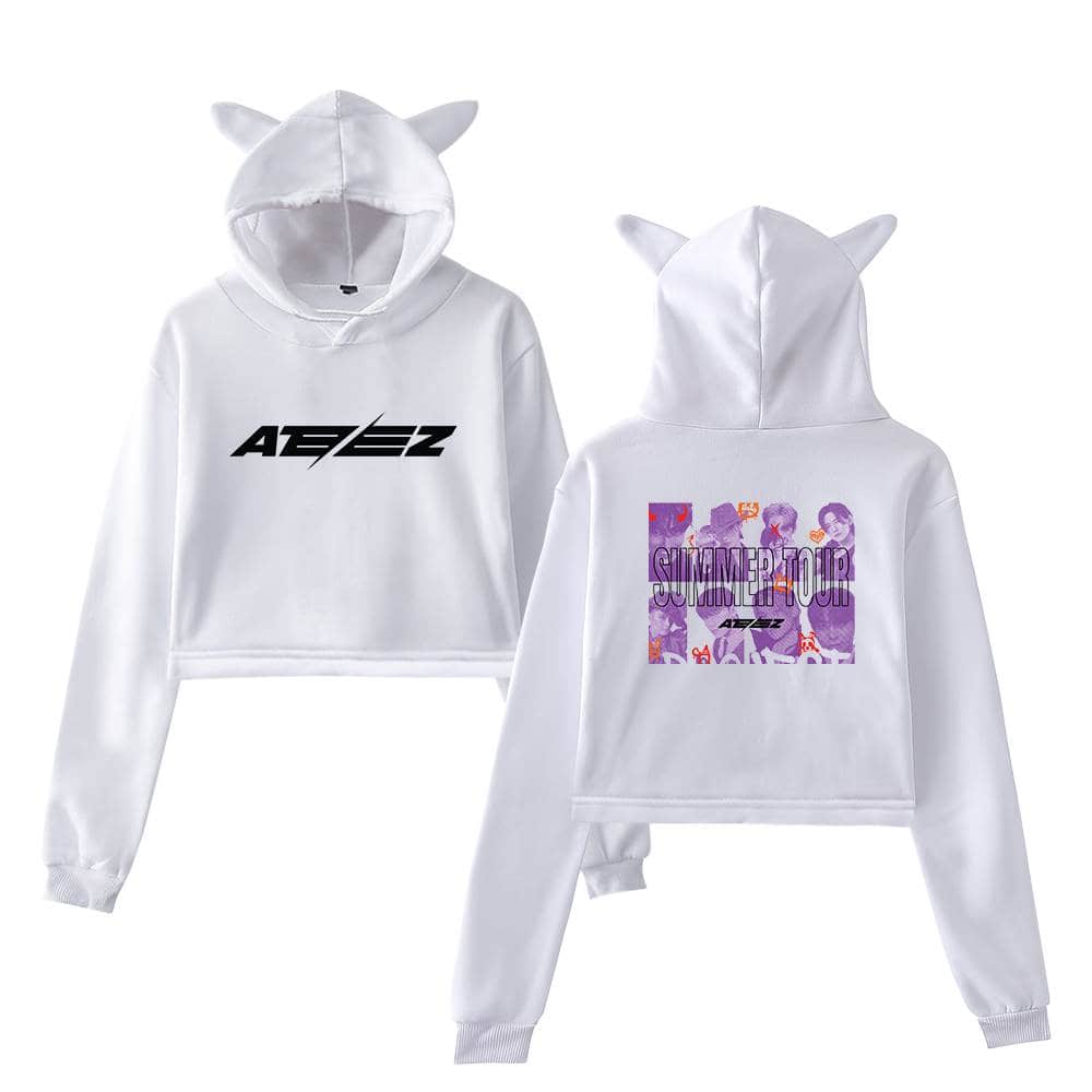 Cute white cropped hoodie and joggers set with playful animal ears on the hood, featuring bold graphic designs and vibrant colors for a fun, stylish streetwear look. Perfect for casual wear or themed events.
