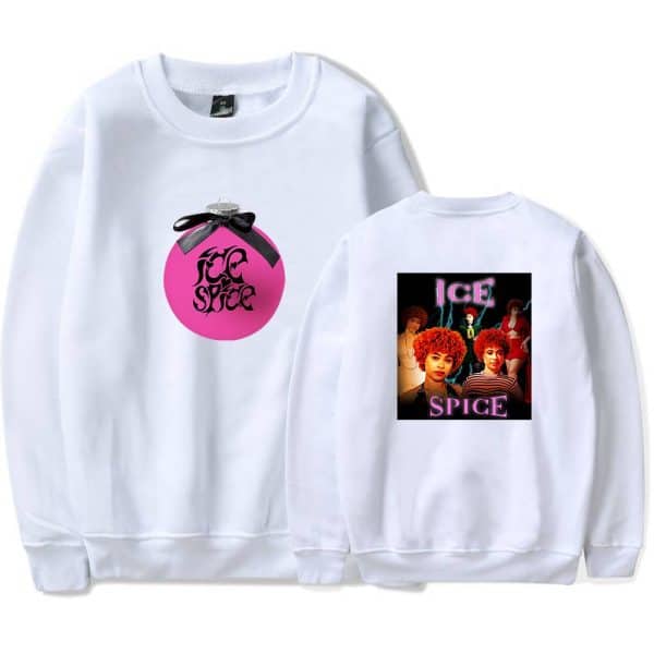 Pink ornament with black ribbon featuring "LICE SPICE" text, white sweatshirt.