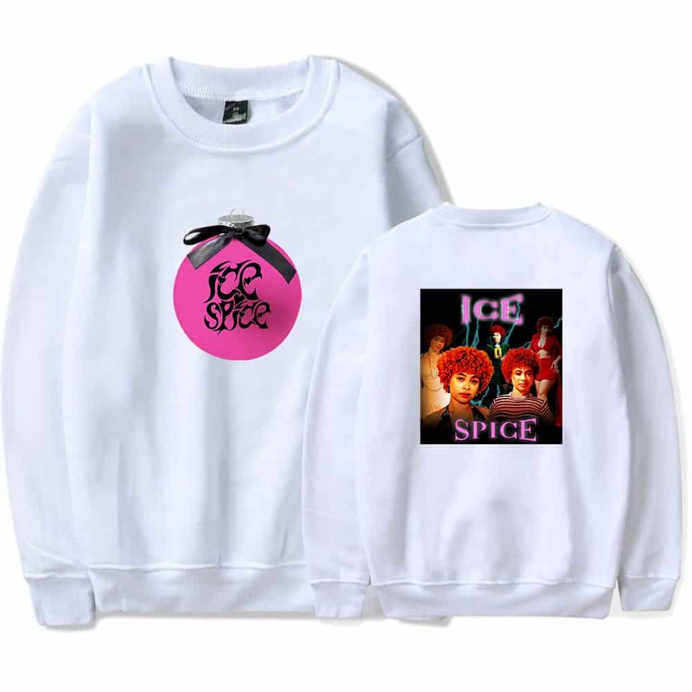 Pink ornament with black ribbon featuring "LICE SPICE" text, white sweatshirt.