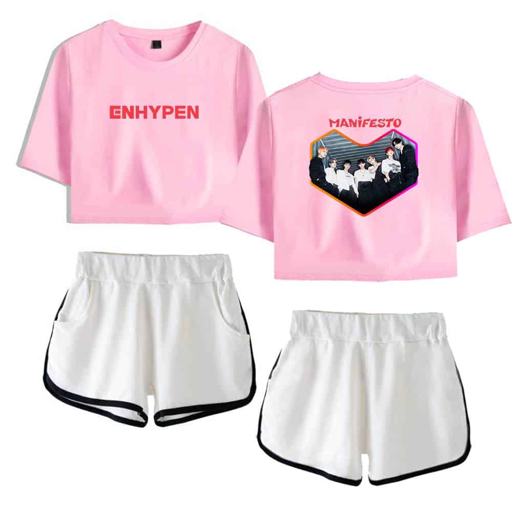 ENHYPEN merchandise pink crop top with logo and group image, paired with white athletic shorts for fans and casual wear.
