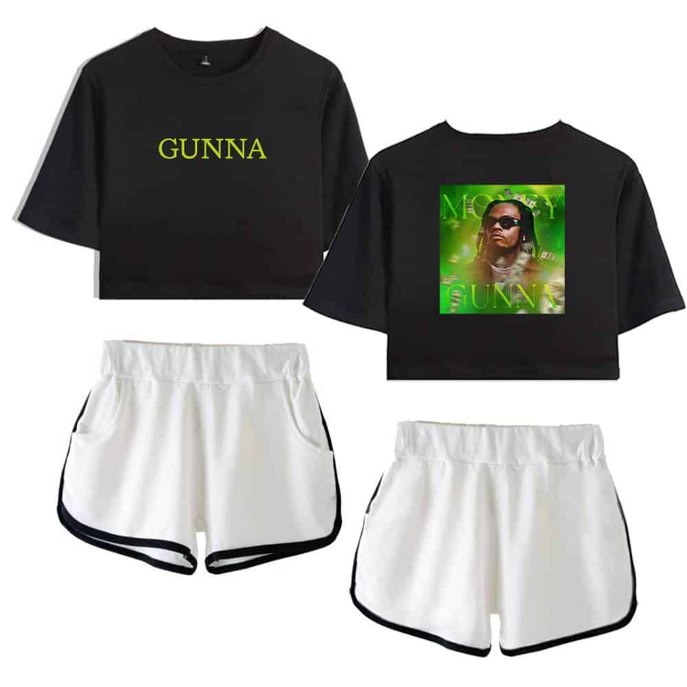 GUNNA black crop top with yellow text and a graphic printed back featuring a portrait of the rapper in green hues, paired with white athletic shorts outlined in black. Trendy streetwear style merchandise.