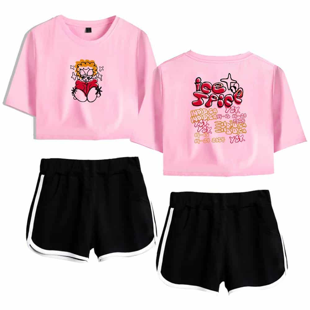 Cute pink crop top featuring a cartoon character reading a book, paired with stylish black shorts with white side stripes. Perfect for casual, trendy summer outfits.