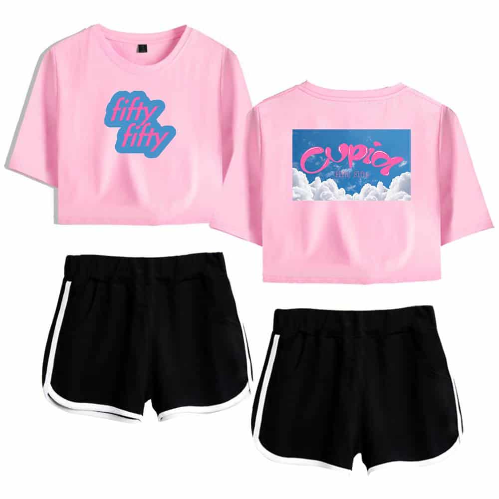 Fifty-fifty crop top and shorts outfit, pink and black casual women's apparel set.