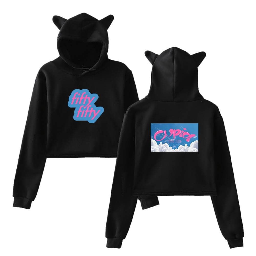 Fifty fifty hoodie with unicorn ears showing front and back designs, black color, casual streetwear style, perfect for fans of pop culture and trendy fashion.