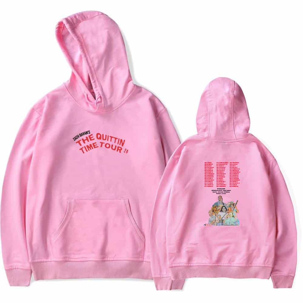 Zach bryans the quitting time tour pink hoodie, graphic design, tour details and artwork on back, casual streetwear merchandise, comfortable hoodie for fans.