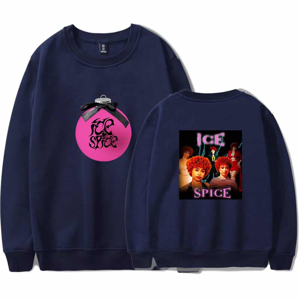 Pink sphere with black ribbon and "How Spie" text on the front, black and purple "Ice Spice" graphic with image of women on the back, unisex navy sweatshirt featuring pop culture-inspired design, perfect for fans of music and streetwear fashion.