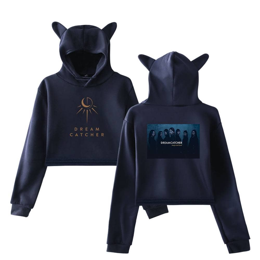 Dream catcher hoodie with cat ears, front and back views, dark color, minimal design, perfect for fans of the band, stylish and cozy merchandise for fans and fashion enthusiasts.