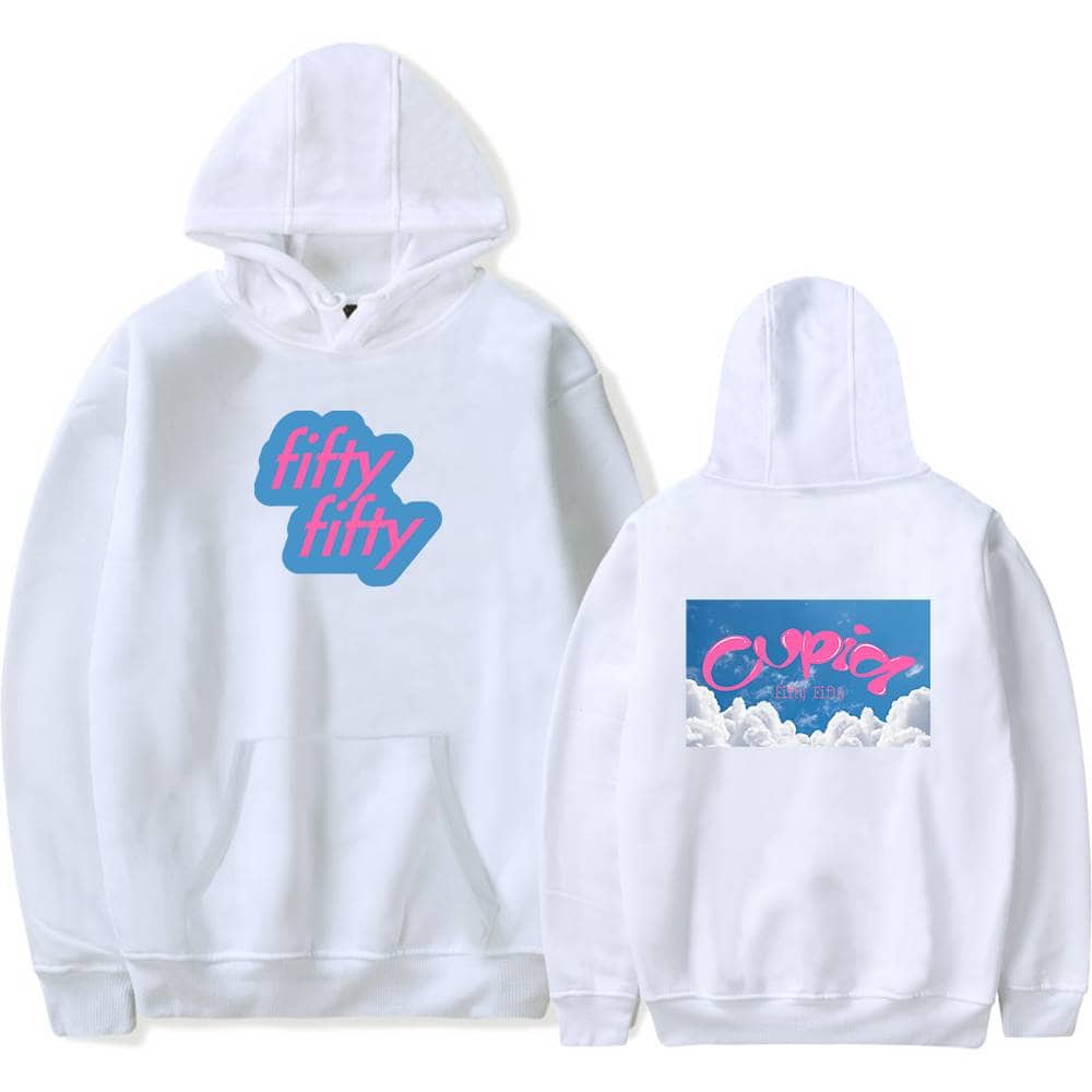 Fifty fifty hoodie design, white hoodie with pink and blue graphics, streetwear style, popular fashion merchandise, casual apparel, trendy hoodie for fans of 90s-inspired fashion.