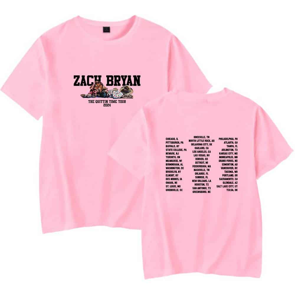 Zach Bryan pink tour T-shirt with tour dates and graphic design, perfect for fans of country music or concert merchandise.