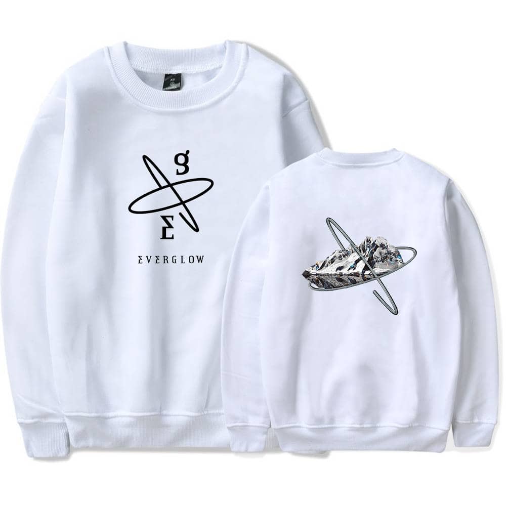 G logo sweatshirt with "EVERGLOW" text and space-themed graphic on back, casual unisex style, perfect for fans of space and modern graphic hoodies.