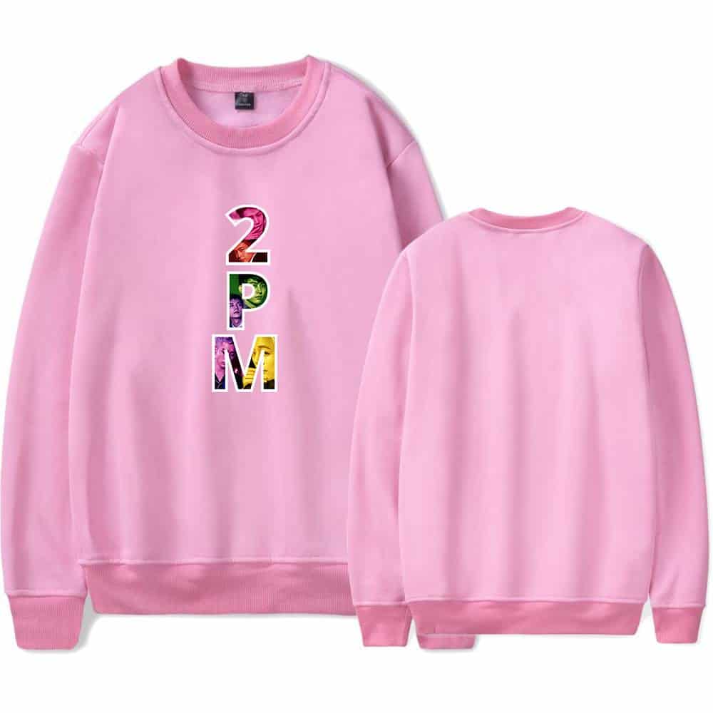 2. Bright pink sweatshirt with bold "2PM" logo featuring colorful and artistic design on the front, casual streetwear style.
