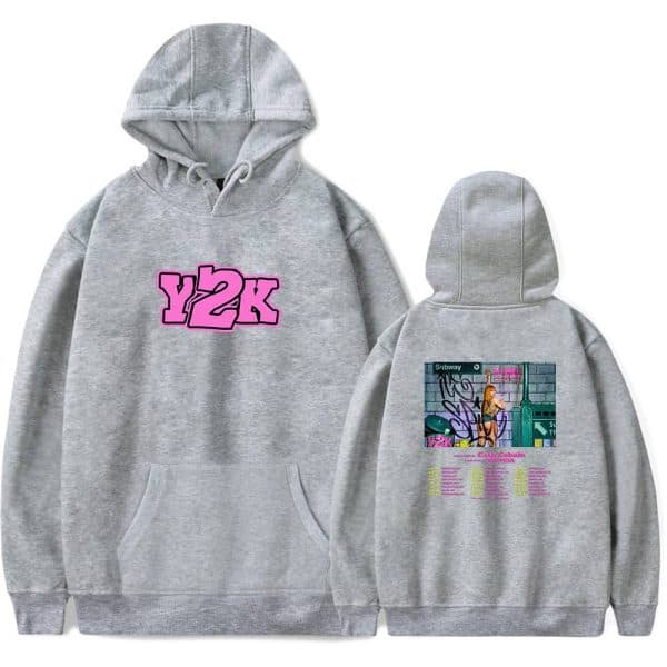 Y2K hoodie with pink logo front and graphic print back, streetwear-inspired casual clothing, made from comfortable gray fabric, perfect for fans of nostalgic fashion and urban style.