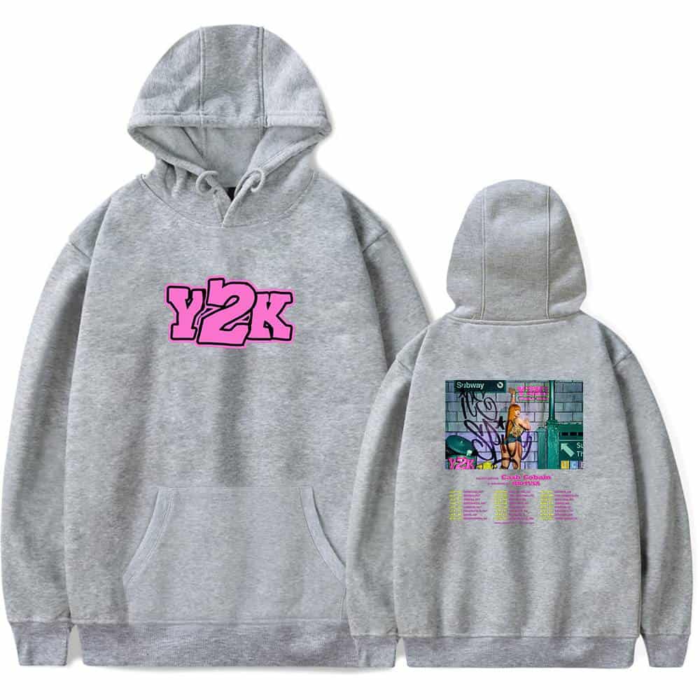 Y2K hoodie with pink logo front and graphic print back, streetwear-inspired casual clothing, made from comfortable gray fabric, perfect for fans of nostalgic fashion and urban style.