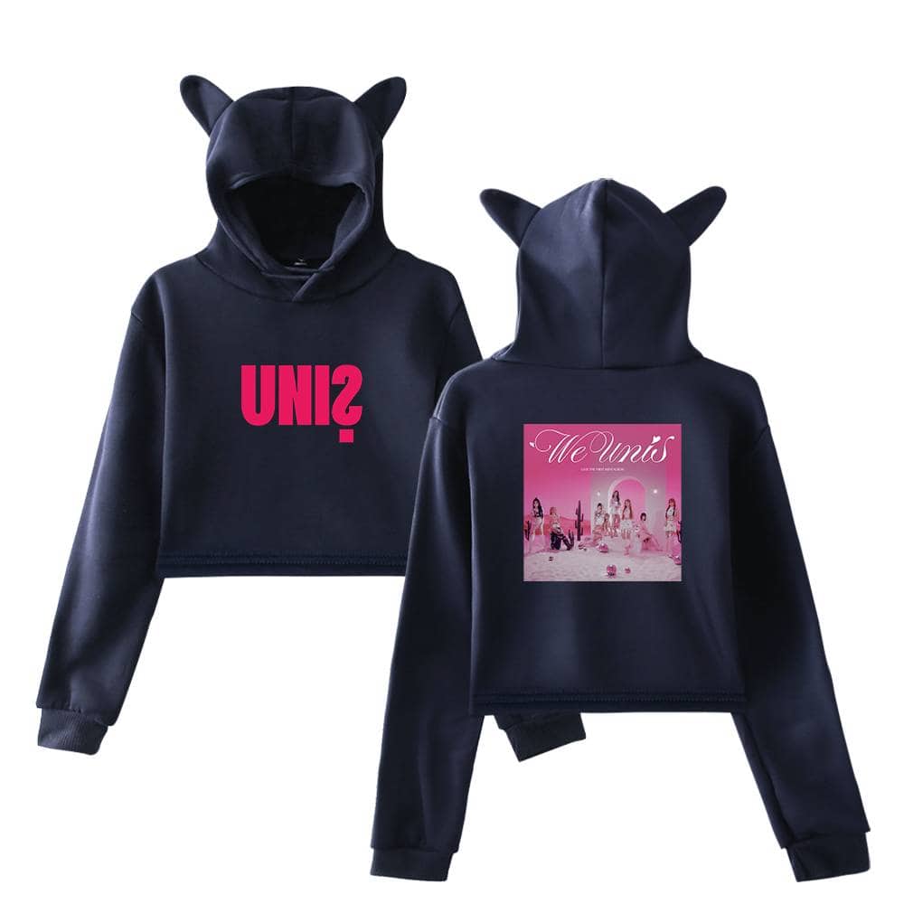 UNI2 cropped hoodie with pink graphic text and a graphic back design featuring a pink-themed group photo. The hoodie has fun, playful details like ears on the hood, perfect for fans and casual wear.