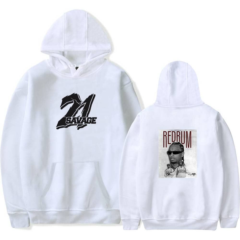 Bold black "21 SAVAGE" graphic hoodie with front pocket and white drawstrings; features an artistic streetwear style.
