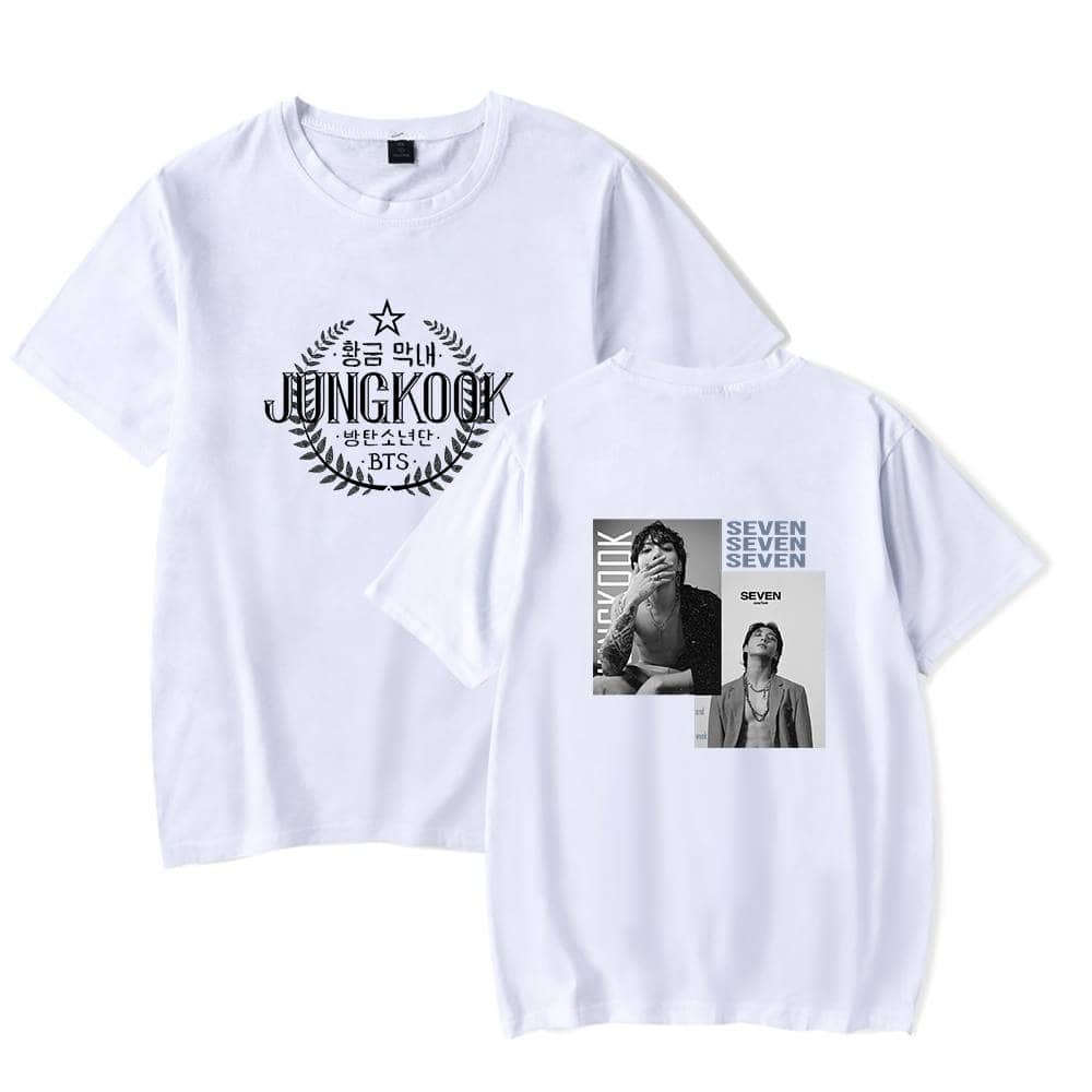 Jungkook BTS merchandise T-shirts with black and white graphics, including Korean text and photo prints, perfect for K-pop fans and collectors.