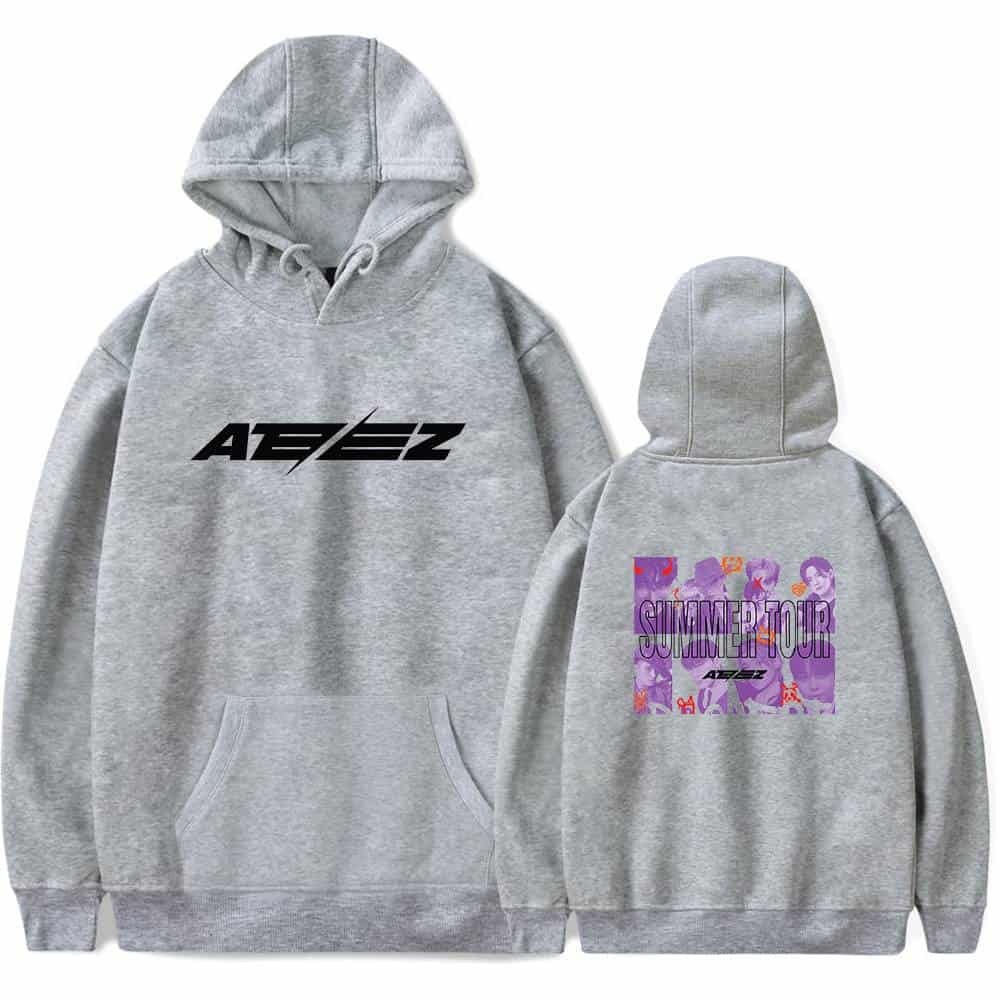 AEEZ gray hoodie with front logo and colorful back graphic promoting summer tour merchandise. Perfect casual wear for fans and supporters of the band or event. Stylish and comfortable hoodie design.