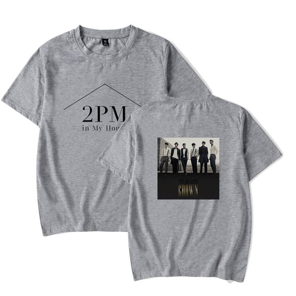 2PM in My Heart band t-shirt, K-pop merchandise, gray crewneck, BTS fan apparel, group photo design, trendy casual wear, concert merchandise, stylish graphic tee, concert tour clothing, fan souvenir.