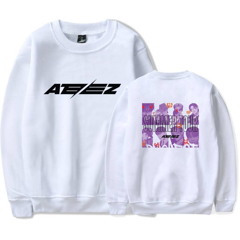 AEEZ logo sweatshirt with summer tour graphic featuring multiple band members in purple and red hues, perfect for fans and casual wear.