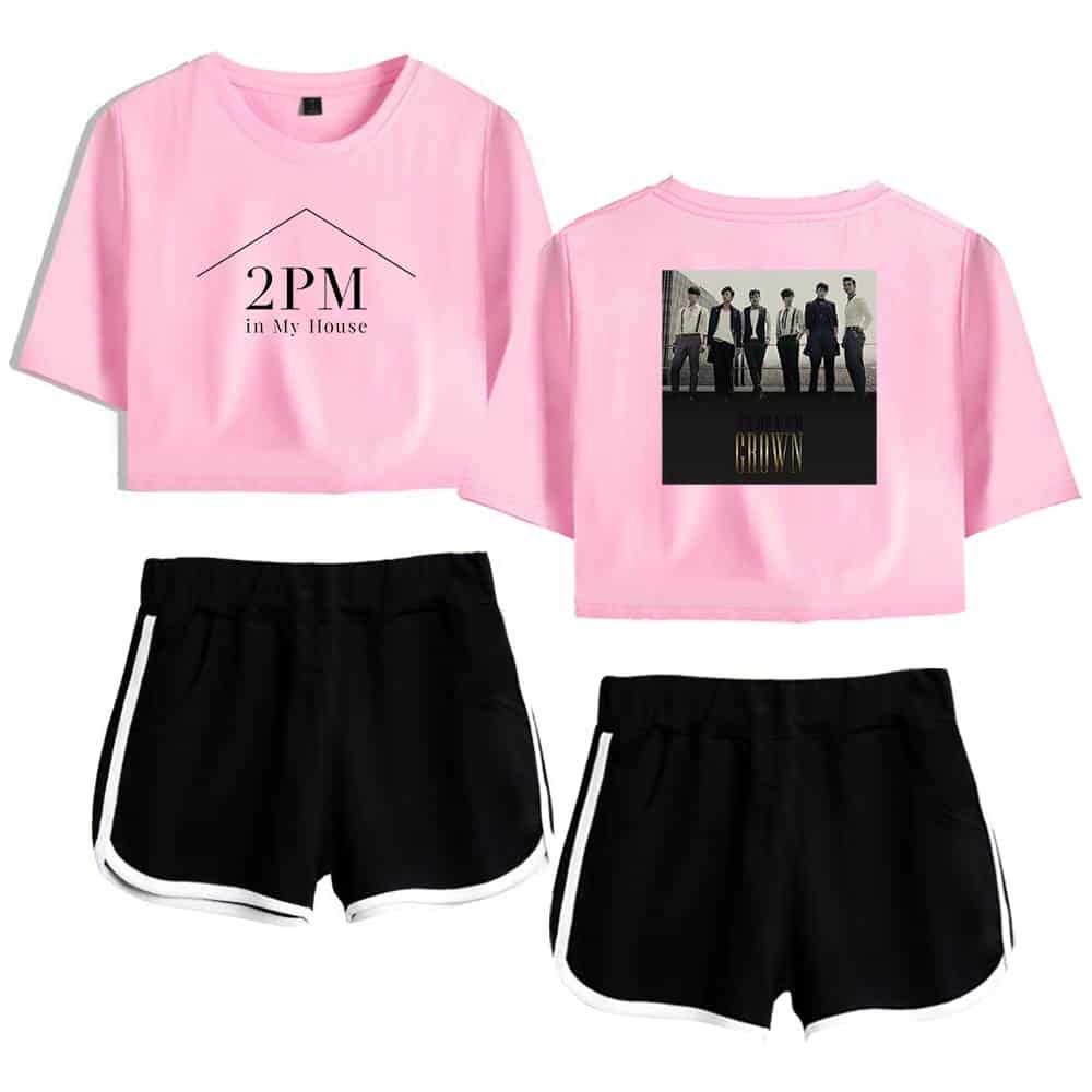 2PM in My House pink graphic crop top and GROWN band photo printed t-shirt with black athletic shorts set, casual streetwear merch for fans and fashion enthusiasts.