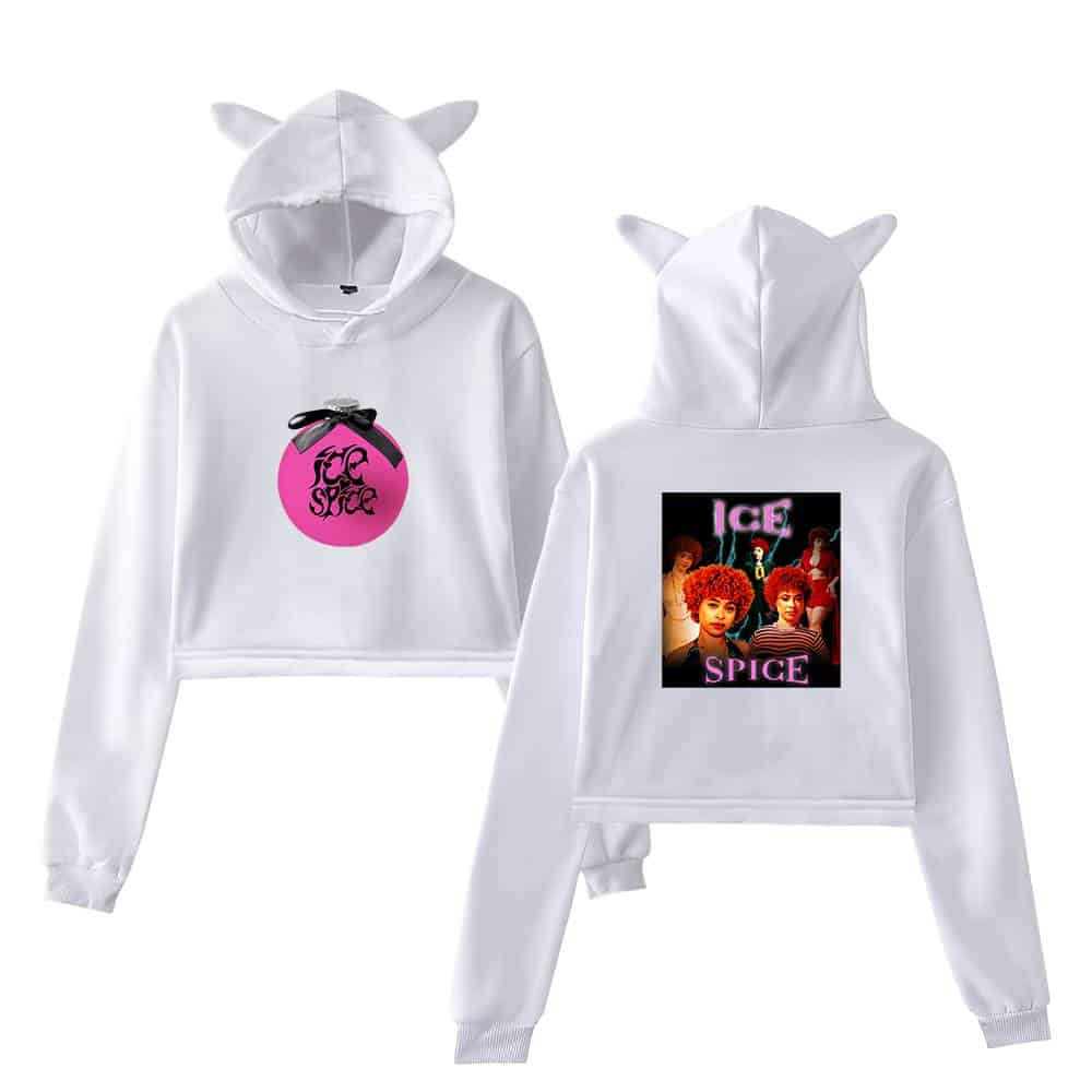 Fluffy white hoodie with cat ears and front logo, back print with colorful group image of famous girl band, Ice Spice merchandise, trendy streetwear, casual, fashionable, youthful style.
