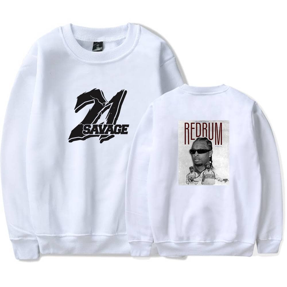 Retro-inspired white sweatshirts featuring bold graphic prints of a sneaker and the word "SAVAGE" on the front, and a vintage-style portrait of a person with "REDBUM" text on the back, perfect for streetwear and casual fashion.