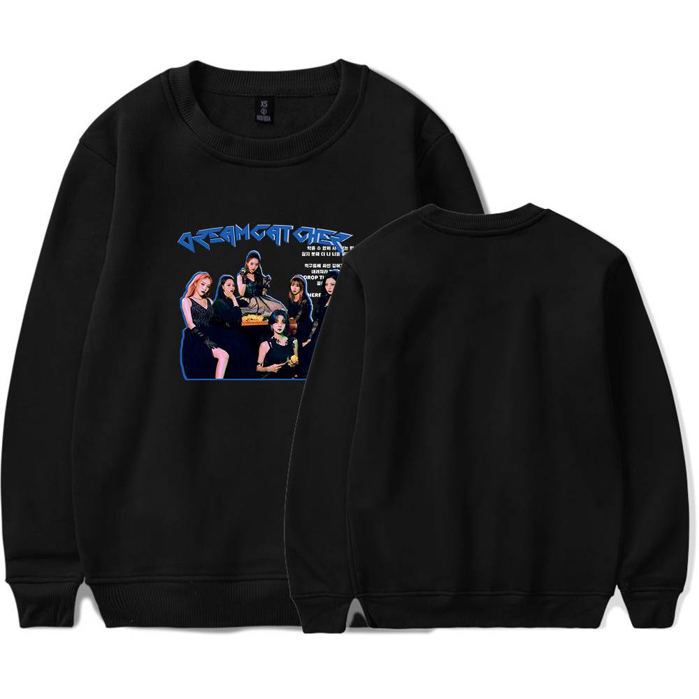 Girls K-pop girl group design sweatshirt with group photo and stylish graphics, perfect for fans and casual wear.