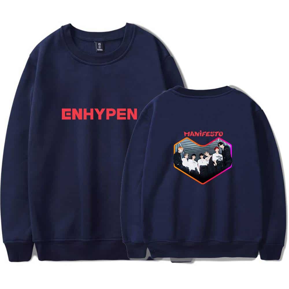 ENHYPEN merchandise sweatshirt with band logo and group photo on back, stylish and comfortable for fans.