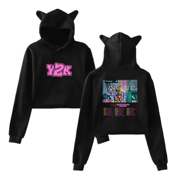Y2k fashion hoodie with cat ears, front logo in pink and back graffiti-style graphic design, perfect for streetwear style, unisex youth size sweatshirt.