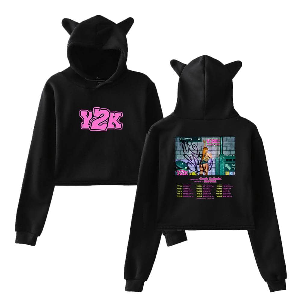 Y2k fashion hoodie with cat ears, front logo in pink and back graffiti-style graphic design, perfect for streetwear style, unisex youth size sweatshirt.