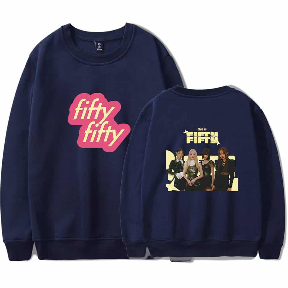 Fifty fifty sweatshirt, K-pop girl group merchandise, stylish crewneck with group photo and logo design, casual streetwear apparel, official band merchandise for fans.