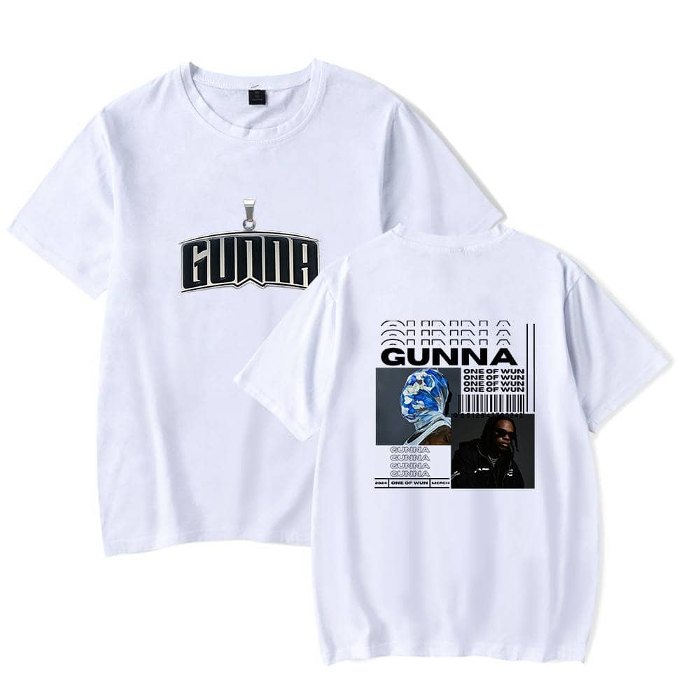 GUNNA white graphic t-shirts featuring bold text and artistic images, perfect for streetwear or music fans. Ideal for expressing your music style and supporting the artist.