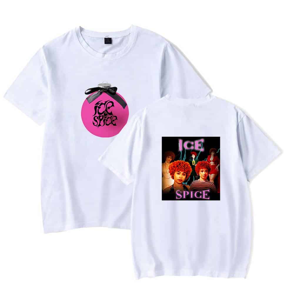 Pink perfume bottle graphic with black bow, white t-shirt merchandise.