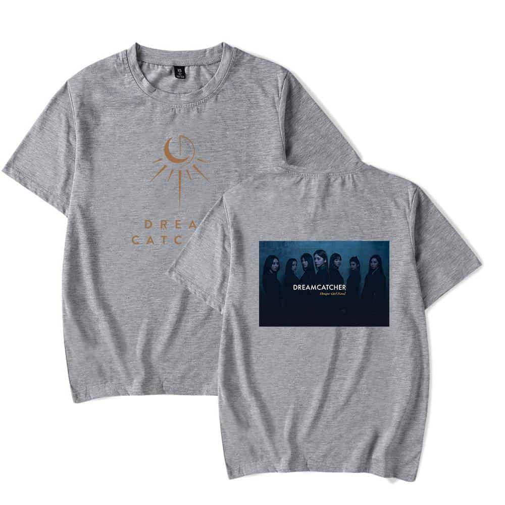 Dreamcatcher merchandise t-shirt with moon and sun design, featuring a group of women on the back, perfect for fans of the band Dreamcatcher, stylish and comfortable casual wear, grey color.