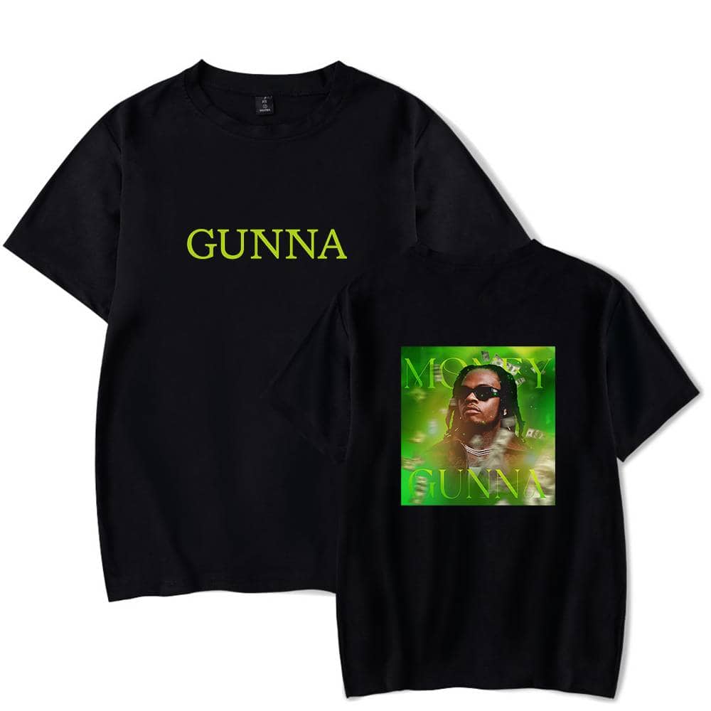 GUNNA merchandise t-shirt with bold text and album art featuring rapper Gunna with sunglasses and a green hue.