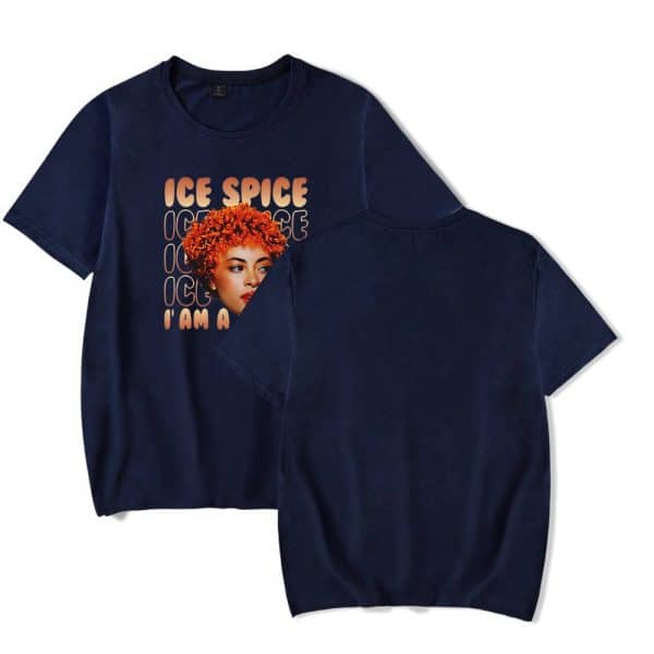 Vibrant navy blue T-shirt featuring a graphic print of a woman with curly orange hair and the text "Ice Spice I Am A". Casual and stylish unisex merchandise ideal for music fans and streetwear enthusiasts.