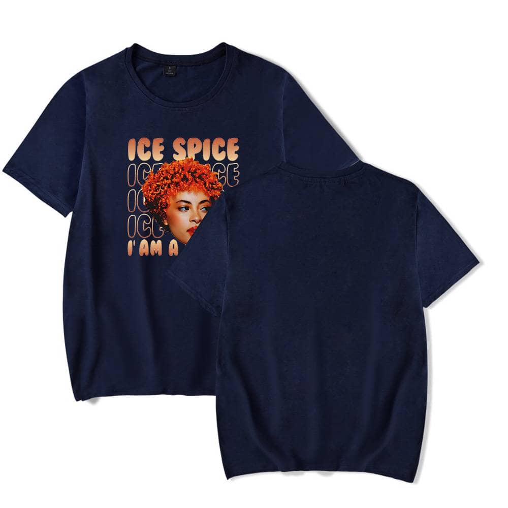 Vibrant navy blue T-shirt featuring a graphic print of a woman with curly orange hair and the text "Ice Spice I Am A". Casual and stylish unisex merchandise ideal for music fans and streetwear enthusiasts.