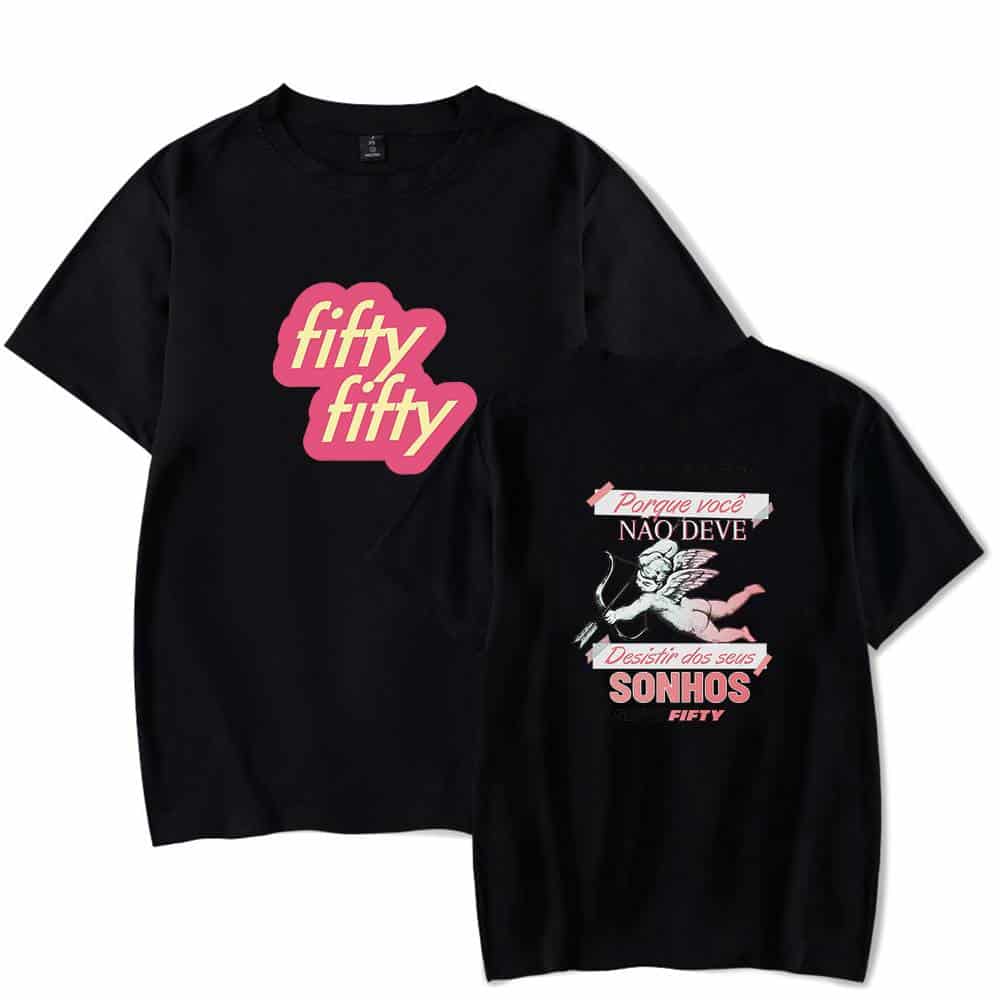Fifty fifty graphic t-shirt for women and men, black with pink and white design, casual streetwear merch.
