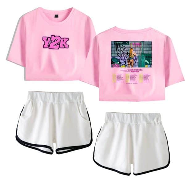 Y2K pink graphic crop top with a subway print and matching white shorts with black trim, casual streetwear for a trendy, youthful look.