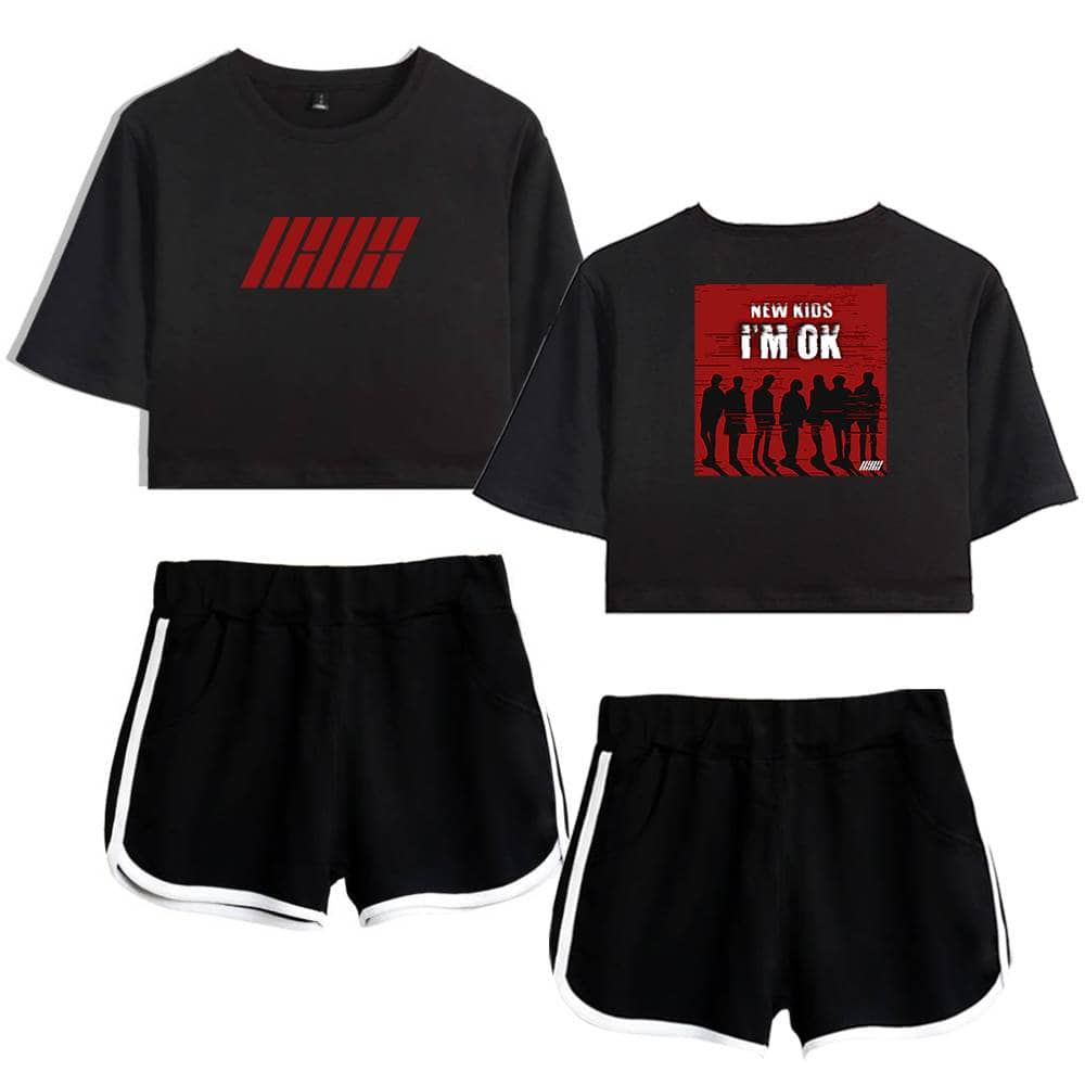 Logo-based black crop top and shorts set featuring red graphic designs from the merch collection. Perfect casual outfit for fans of the brand or band. Suitable for streetwear and everyday wear.