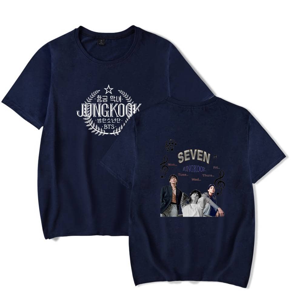 Jungkook BTS merchandise t-shirt featuring the idol's image and decorative text, perfect for fans and collectors. Soft navy fabric with vibrant printed designs showcasing Jungkook's style.
